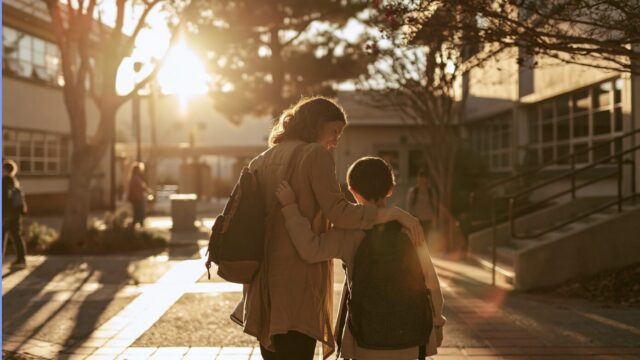 学校帰り、子どもに寄り添って歩く母親