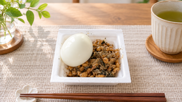 ゆで卵を添えたRaz特製最強納豆と緑茶